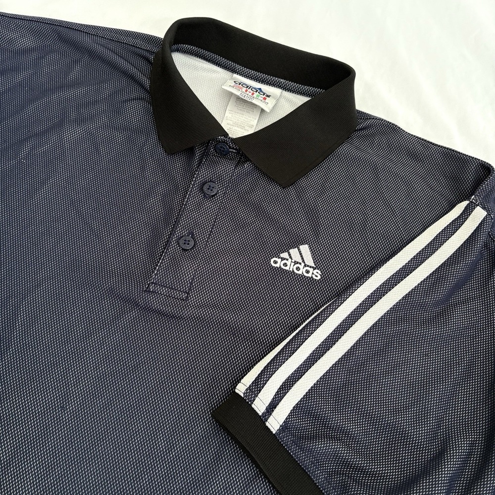 Vintage Y2k Adidas‎ Mens 2XL Blue Striped Polo Shirt Shiny Collared Heavy Sports